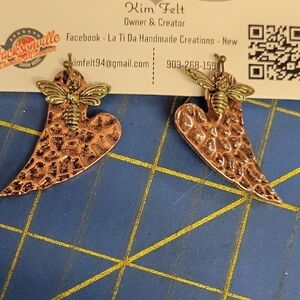 Copper Heart Earrings with Bee Design